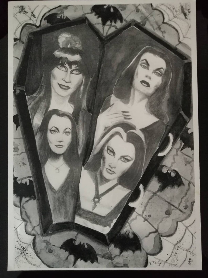 Original A4 horror art print black and white gothic Elvira Vampira Lily Munster Morticia Addams bild 3