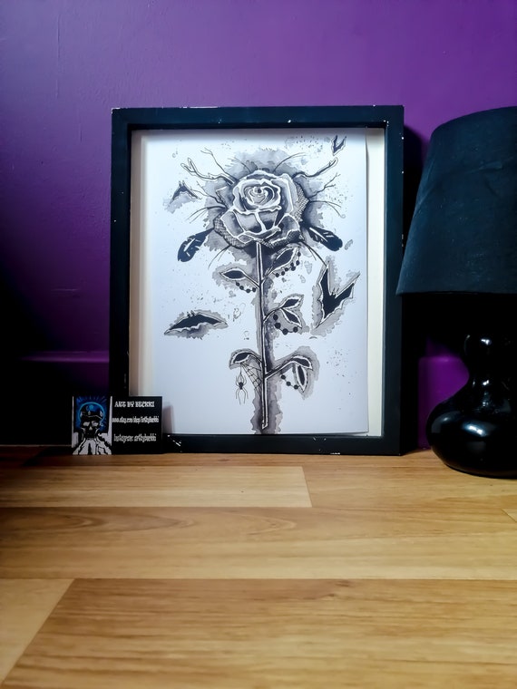 In Mourning~Original A4 gothic horror smokey black rose art  poster