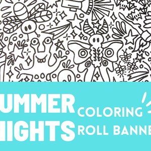 May include: Black and white line art coloring page featuring a summer night scene with fireflies, stars, a butterfly, and a raccoon. The text "SUMMER NIGHTS COLORING ROLL BANNER" is at the bottom of the page.