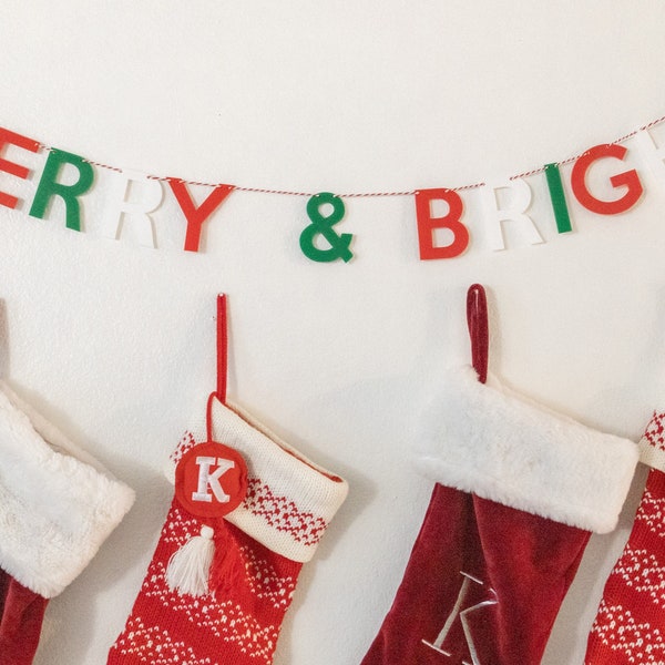 MERRY & BRIGHT Christmas Banner // acrylic colorful wood garland bunting