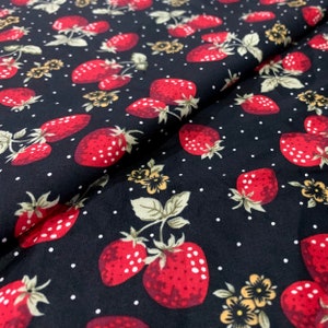 Strawberry Fabric - Super Cute Strawberry Printed on Black Background, Red Strawberry Cotton Fabric, Quilting Cotton Fabric by Yard