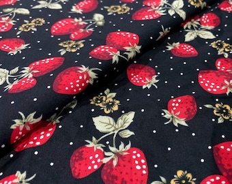 Strawberry Cotton Fabric - Cute Red Berries Print on Black, Quilting Fabric by Yard