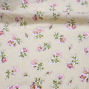 Pink Flower on Yellow Check Printed Cotton Fabric - Pink Flower Fabric, Flower on Yellow Check Fabric, Quilting Cotton Fabric by the Yard