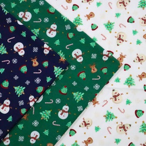 Snowman in Christmas Theme Cotton Fabric - Christmas Theme Printed on Green, Navy Blue, White Background Fabric, Quilting Fabric by the Yard