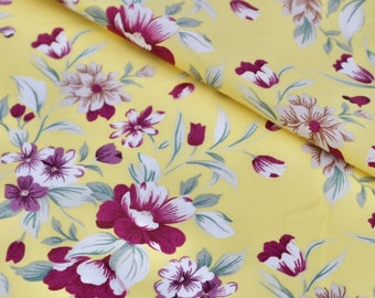 Vintage Floral Baumwollstoff - Lila Blumen auf Gelb, Quilting Fabric