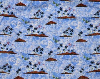 Blue Hawaii Style Cotton Fabric – Island Beach Print, Quilting Fabric