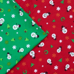 Cute Snowman Fabric - Little Snowman Christmas Theme Printed on Red and Green Background Fabric, X&#39;mas Fabric, Quilting Fabric by the Yard