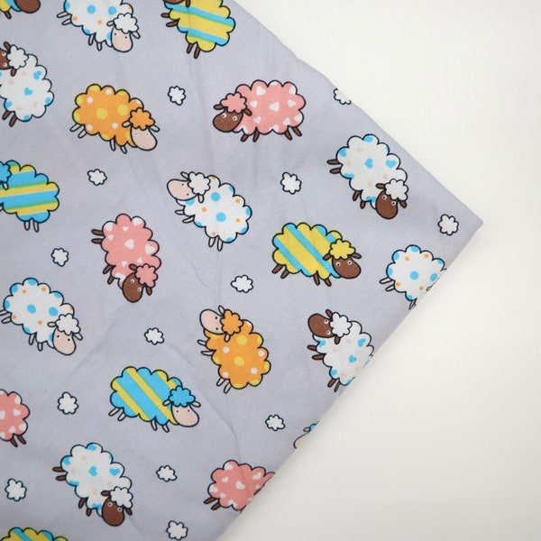 Colorful Sheep Cotton Fabric - Cute Lamb printed on gray Background, Sheep Fabric, Lamb Fabric, Quilting Cotton Fabric by the Yard