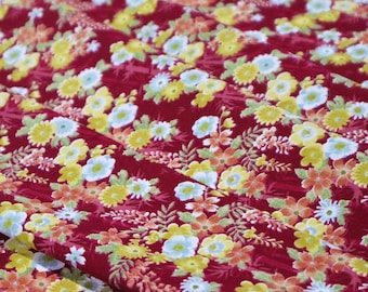 Tessuto di cotone color vino rosso, fiori giapponesi e bambù, stile kimono
