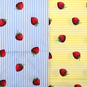 Cute Red Strawberry Fabric - Big Strawberry Printed on Blue/White Stripe, Yellow/White Stripe Cotton Fabric, Quilting Cotton by the Yard