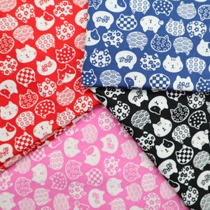 Cat Face Printed Cotton Fabric - Cute Cat Printed on Blue, Black, Red, Pink Cotton Fabric, Cat Fabric, Quilting Cotton Fabric by the Yard