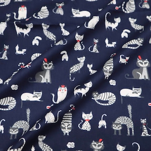 Funny Cats printed cotton fabric - Cat Cartoon printed on navy blue background cotton fabrics, Cute Cat Fabric, Quilting Fabric by the Yard