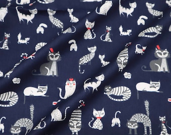 Funny Cats tessuto in cotone stampato - Cat Cartoon stampato su tessuti di cotone blu navy, Cute Cat Fabric, Quilting Fabric tagliato a misura