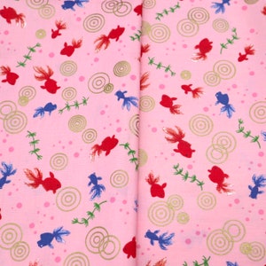 Cute Goldfish Cotton Fabric - Orange and Blue Goldfish Printed on Pink Background Fabric, Asian Fabric, Quilting Cotton Fabric by the Yard