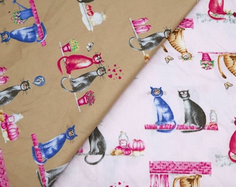 Tela de algodón con diseño de pareja de gatos, beige claro y rosa, para acolchado