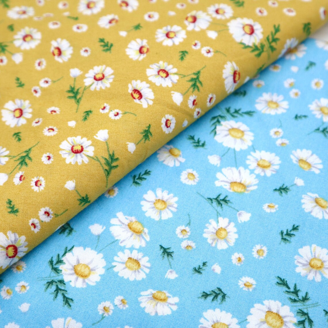 White Daisy Flower Fabric Daisy Printed on Yellow Blue Etsy