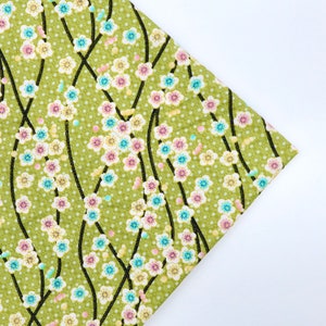 Sakura Flower Cotton Fabric - Japanese Style Sakura on Bright Green Background Cotton Fabric, Flower Fabric, Quilting Cotton Fabric by Yard