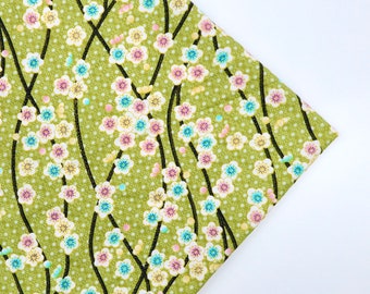 Sakura Flower Cotton Fabric - Japanese Style Sakura on Bright Green Background Cotton Fabric, Flower Fabric, Quilting Cotton Fabric by Yard