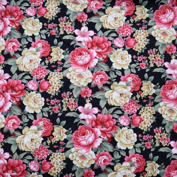 Vintage Floral Cotton Fabric Pink and White Rose Print on | Etsy