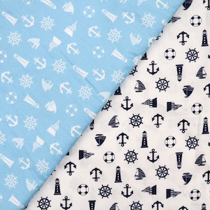 Cute Sailor Symbol Fabric - Boat and Anchor Printed on White, Light Blue Background Fabrics, Lighthouse Fabric, quilting fabric by the yard