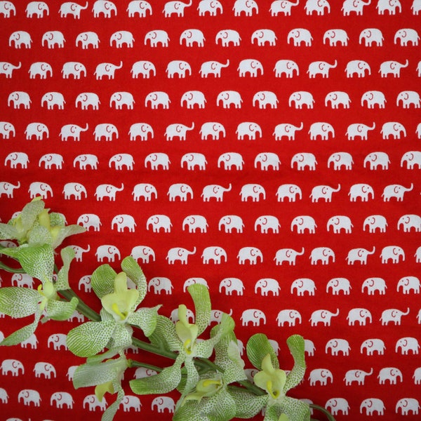 White Elephant Fabric - Little White Elephant Printed on Red Cotton Fabric, Cotton Fabric Elephant, Cute Fabric, Cotton Fabric by the Yard