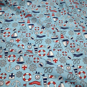 Harbor, Sailor, Sail Boat, Anchor Cotton Fabric - Sailor Printed on Light Blue Background Fabrics, Cute Boat, quilting fabric by the yard
