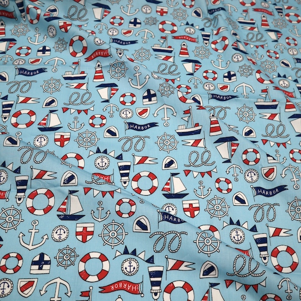 Sailboat Anchor Cotton Fabric, Light Blue Nautical Print