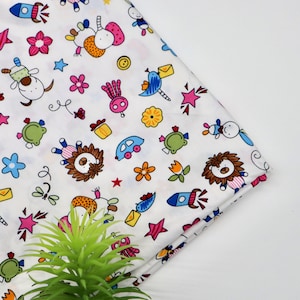 Schattige katoenen stof - dieren cartoon gedrukt op witte achtergrondstof, kinderschilderijstof, quiltkatoen op maat gesneden