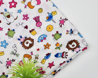 Tecido de algodão com estampa de animais de desenho animado - Tecido branco para patchwork com estampa infantil