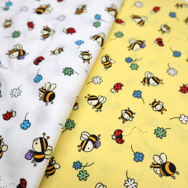 Tissu de coton imprimé abeille et coccinelle - Tissu d'abeilles, tissu de coccinelle, tissu de coccinelle, tissu d'insectes, tissu de coton matelassé par yard