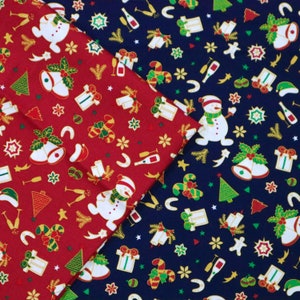 Snowman and Christmas Theme Fabric - Snowman and Christmas Theme Printed on Red, Navy Blue Background Fabric, Quilting Fabric by the Yard