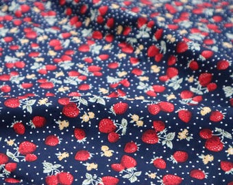 Strawberry Print Cotton Fabric – Red Berries, Navy Blue Polka Dot