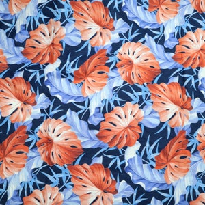 Tropical Leaf Fabric - Orange and Blue Monstera Leaves Printed Cotton Fabric, Tropical Summer Style Fabric, Quilting Cotton Fabric by Yard