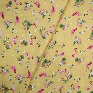 Hawaiian Style Fabric - Flamingo and Pineapple Printed on Yellow Cotton Fabric, Pink Flamingo Cotton Fabric, Quilting Cotton Fabric by Yard