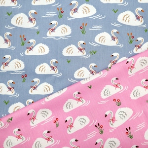 Swan Cotton Fabric - White Swan With Bow Tie Printed on Gray, Pink Fabric , White Swan Fabric, Cute Swan Fabric, Quilting Fabric by the Yard