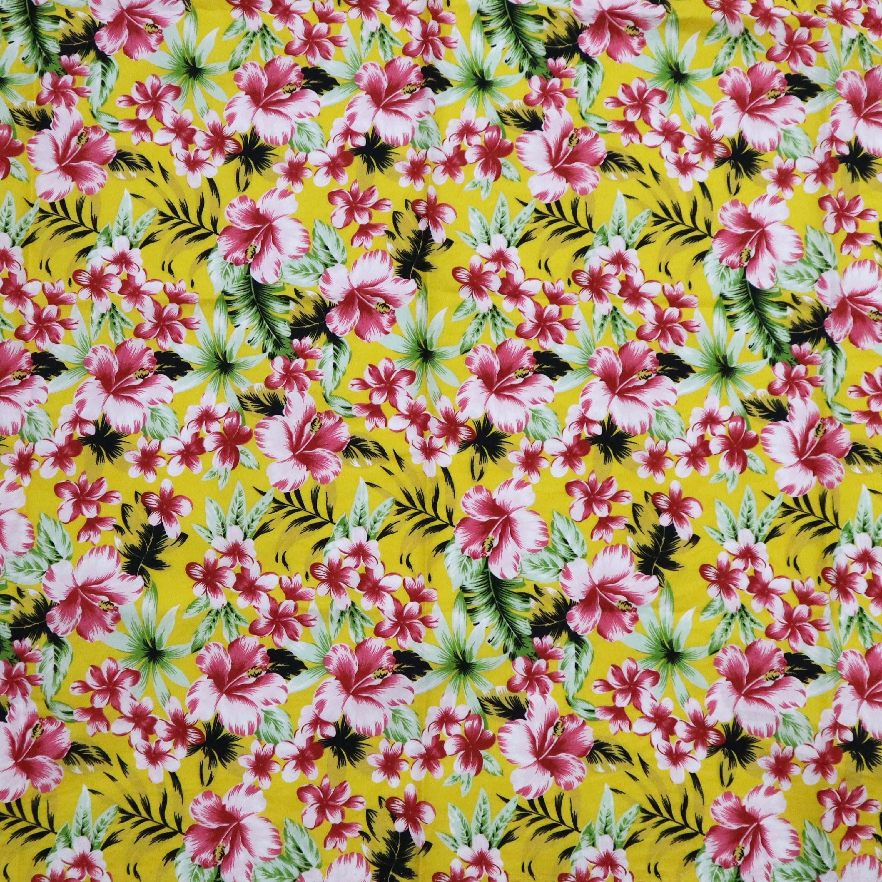 Tissu Imprimé Hawaïen - Fleurs Roses Et Jaunes Sur Fond Bleu - Coton Polycoton