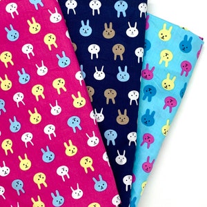 Cute rabbit printed cotton fabric - Lovely rabbits printed on pink, light blue, navy blue background fabrics, quilting fabric by the yard
