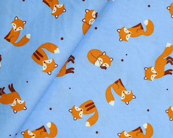 Cute Foxes Printed Cotton Fabric - Lovely Orange Fox Printed on Blue Background Cotton Fabrics, Fox Fabric, Quilting Fabric by the Yard