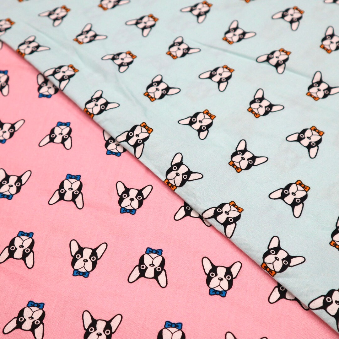 Funny Dog Face Fabric French Bulldog Printed on Pink, Mint Green Background Fabric, Dog Fabric