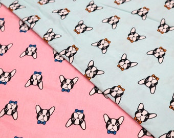 Tissu bouledogue français – coton imprimé chiot, rose et menthe
