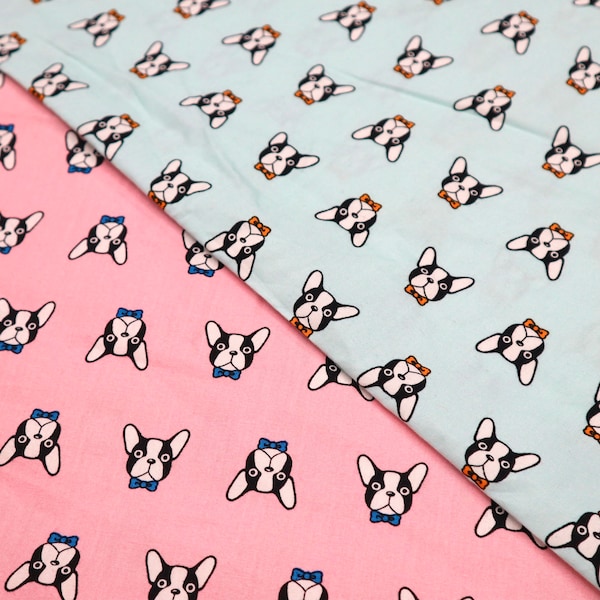 Funny Dog Face Fabric - French Bulldog Printed on Pink, Mint Green Background Fabric, Dog Fabric, Puppy Cotton Fabric, Fabric by the yard