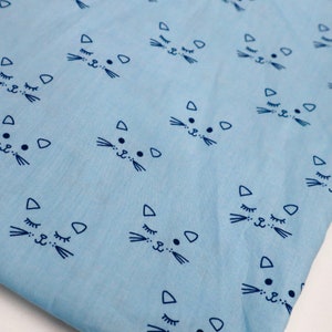 Cat Smile Cotton Fabric - Cute Cat Smiling Printed in Blue Cotton Fabric, Cat Face Cotton Fabric, Quilting Cotton Fabric by the Yard
