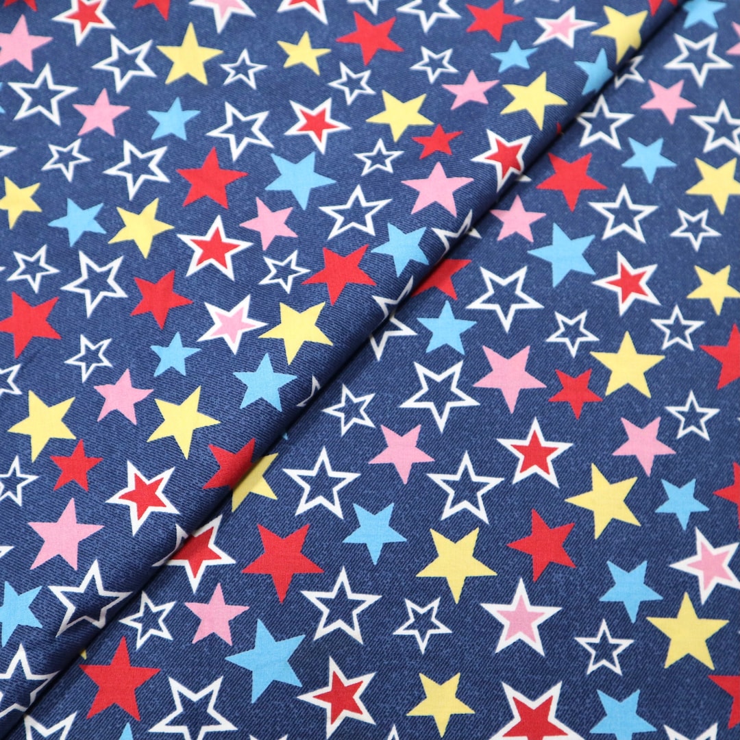 Colorful Stars Printed Cotton Fabric Star Printed on Blue Etsy