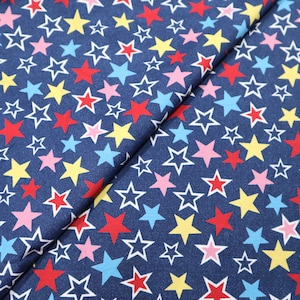 Colorful Stars Printed Cotton Fabric - Star Printed on Blue Cotton Fabric, Cute Fabric, Multi Color Star Fabric, Quilting Fabric by the Yard