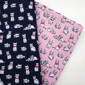 Cute Cat Printed Cotton Fabric - Funny Cat printed on Pink, Navy blue background fabric, Smiling Cat Fabric, quilting fabric by the yard
