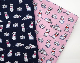 Carino Gatto Stampato Tessuto di Cotone - Divertente Gatto stampato su Rosa, Tessuto di sfondo blu Navy, Tessuto gatto sorridente, tessuto trapuntaggio tagliato a taglia