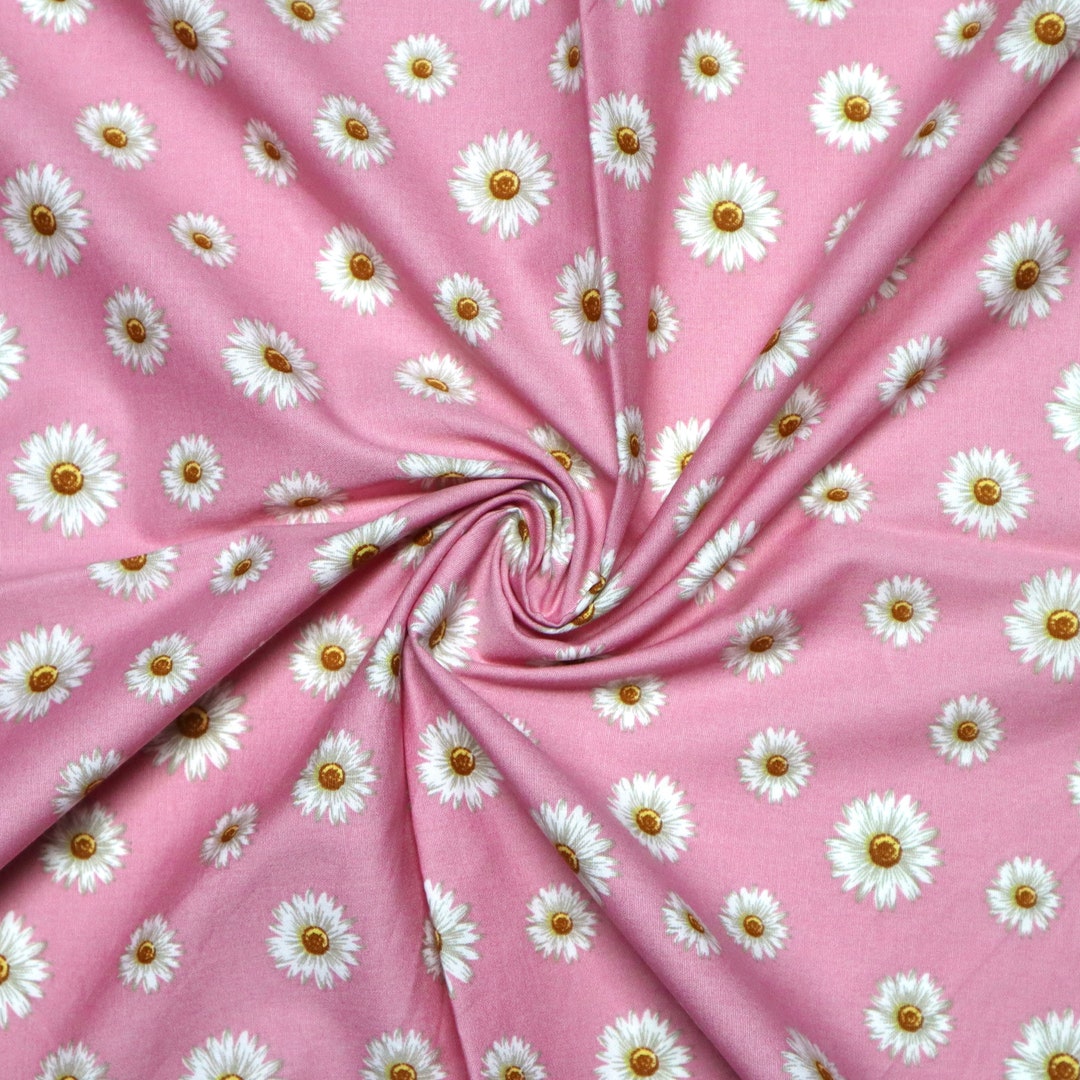 Classic White Daisy Fabric Daisy Flower Printed on Sweet Pink Cotton
