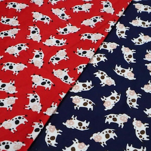 Cute Cow Cotton Fabric - Cow printed on Red, Navy Blue Cotton Fabric, Cattle Fabric, Ox Fabric, Bull Fabric, Quilting Fabric by the Yard