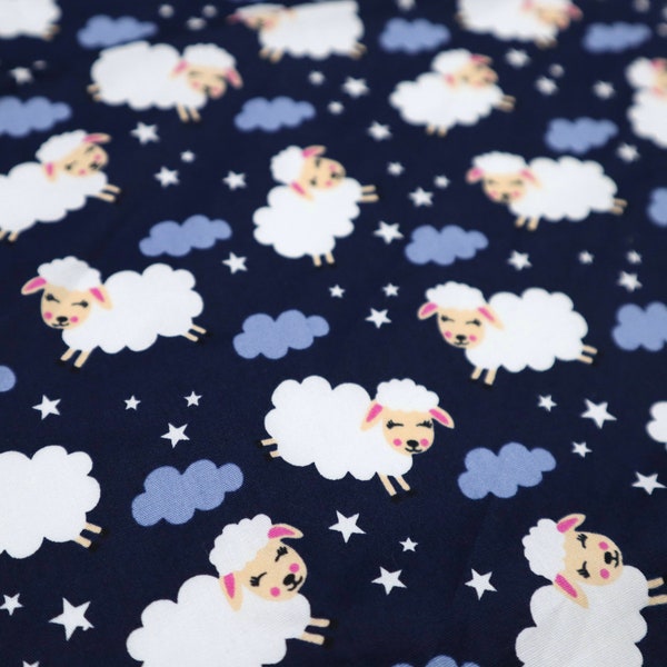 Cute White Sheep Cotton Fabric - Smiling Sheep in the Sky Printed on Navy Blue Background Cotton Fabric, Lamb Fabric, Fabric by the Yard