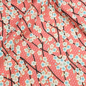 Sakura Flower Cotton Fabric - Japanese Style Sakura on Pink Orange Background Cotton Fabric, Flower Fabric, Quilting Cotton Fabric by Yard